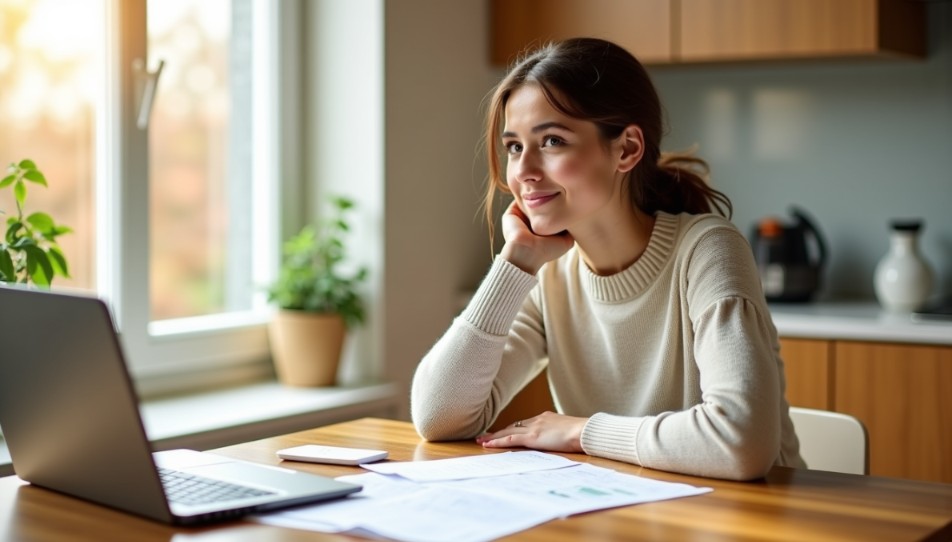 Une jeune femme assise à une table devant un ordinateur portable, en train de faire des recherches sur des estimations de budget pour différents types de garde.
