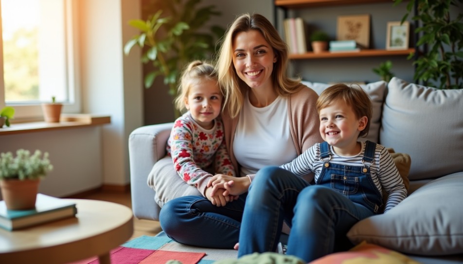 Une gardienne souriante assise dans un salon lumineux entourée de deux jeunes enfants épanouis.